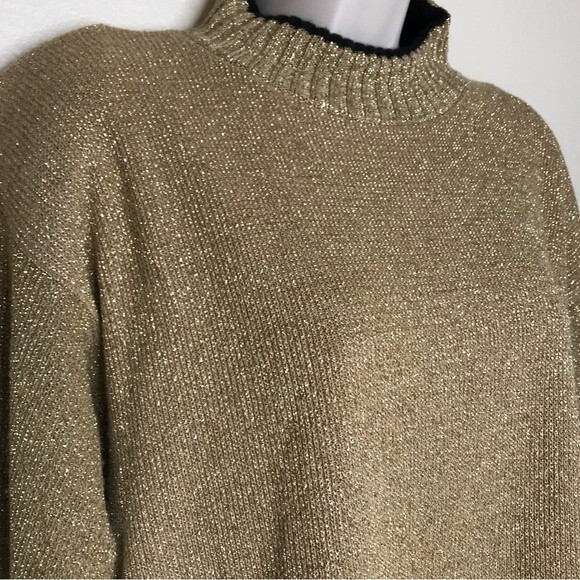 Vintage Variations Gold Lurex Black Trim Long Sleeve Mock Neck Sweater Large - Picture 2 of 12